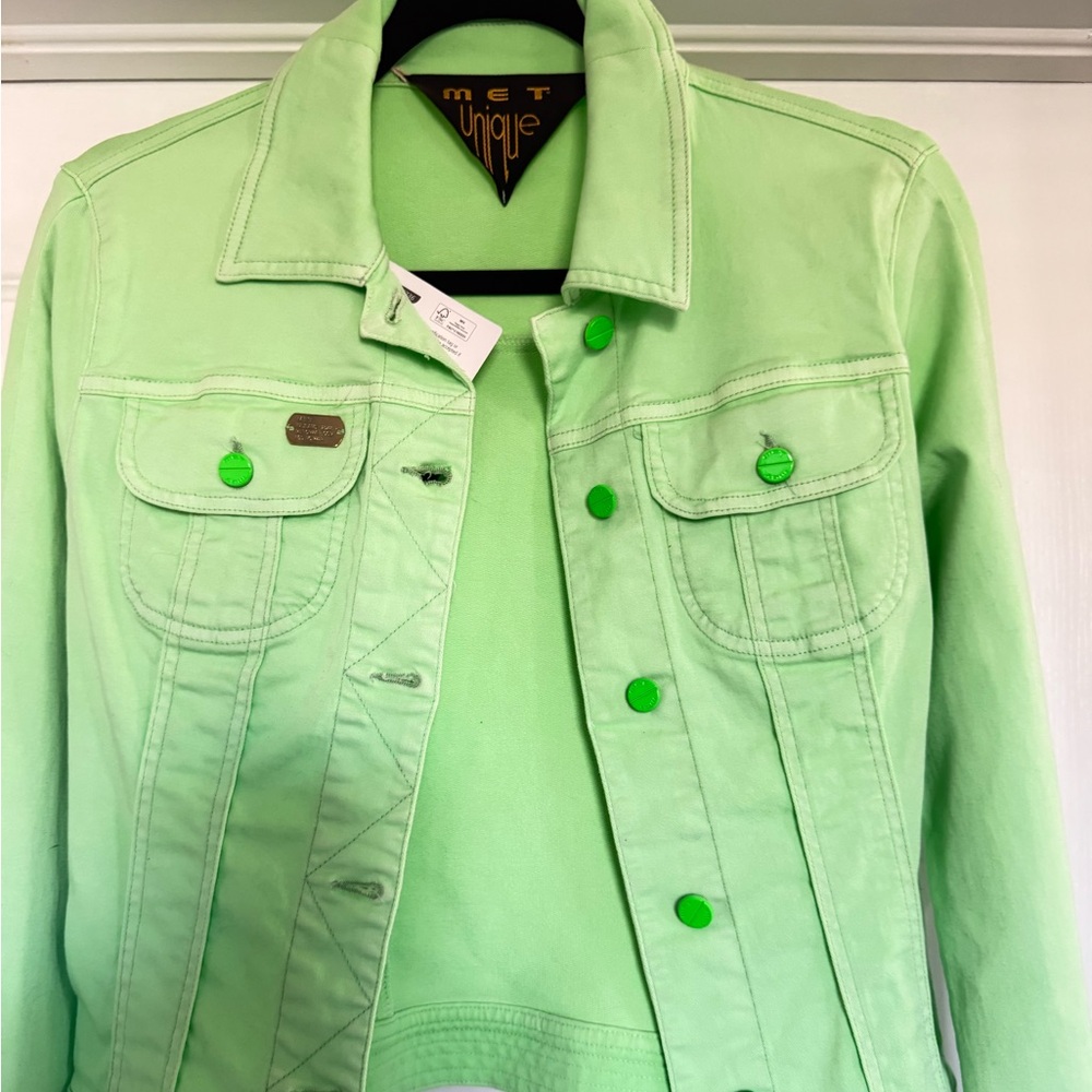 Women's Mint Green Denim Jacket - Fitted Jean Jacket - Picture 4 of 7